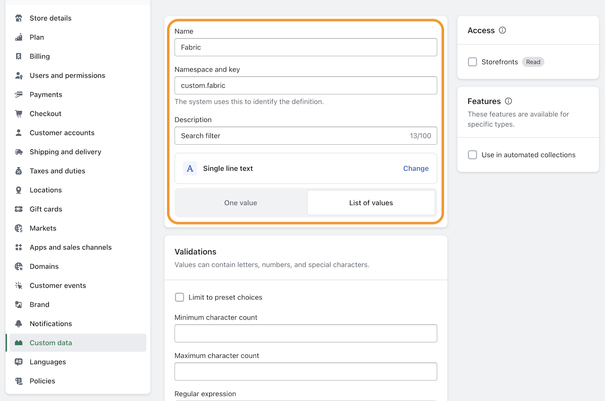 Shopify Admin -> Settings -> Metafields